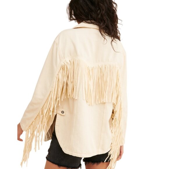 We The Free People Fringe Out Denim Jacket Ivory Western Festival Oversized Sz M - Picture 3 of 12